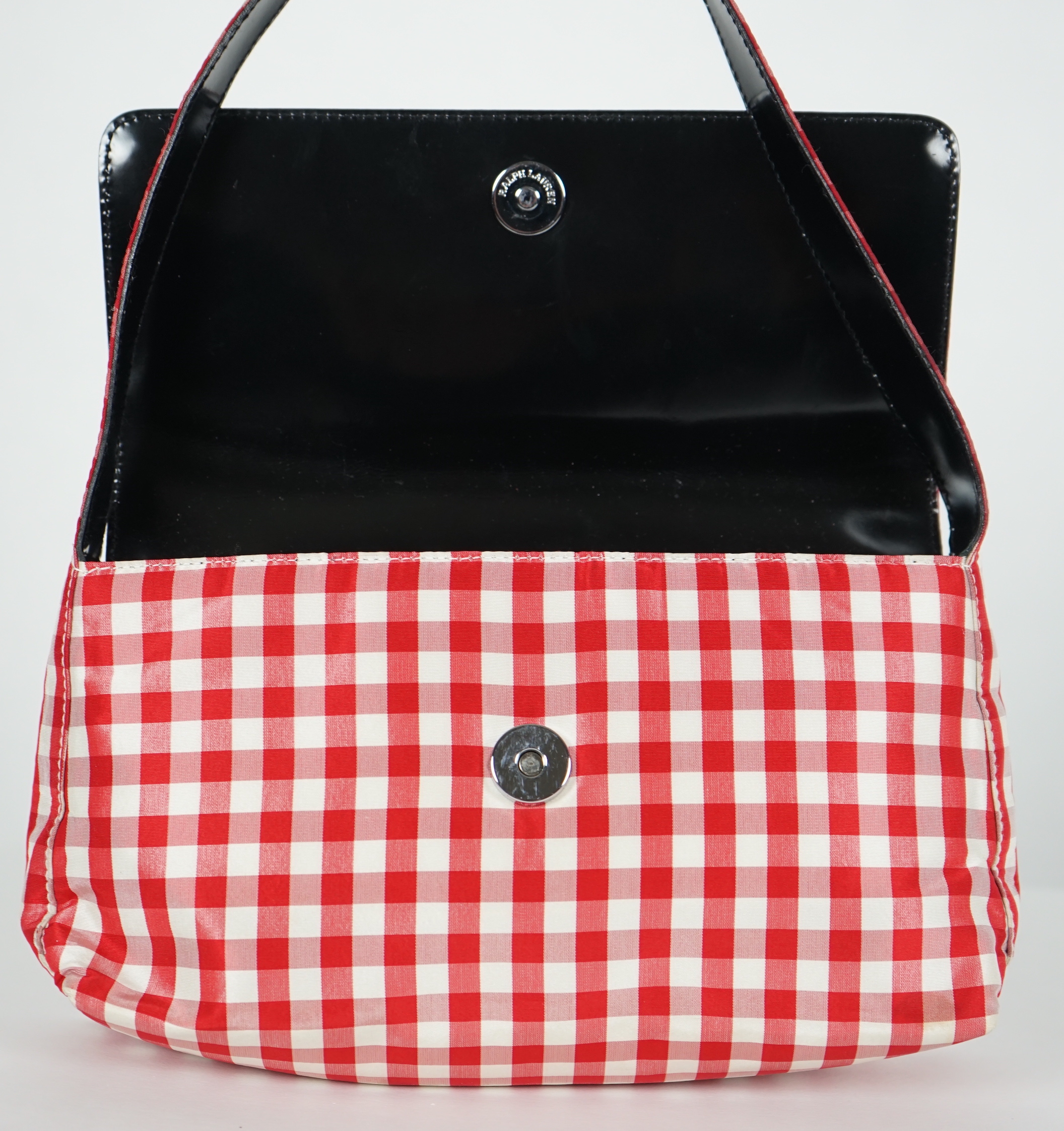A Ralph Lauren red and white gingham satin evening bag, width 22cm, height 14cm, overall height 30cm, depth 5cm
